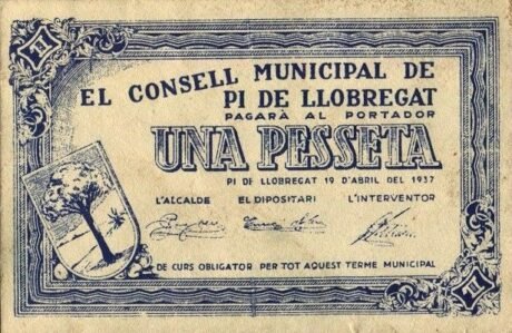 Аверс банкноты 1 Песета Пи де Льобрегат (Испания) 1937 года