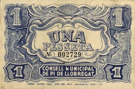 Реверс банкноты 1 Песета Пи де Льобрегат (Испания) 1937 года