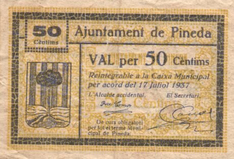 Аверс банкноты 50 centymów Pineda (Hiszpania) 1937