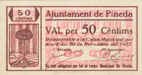 Аверс банкноты 50 сантимов Пинеда (Испания) 1937 года