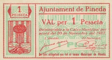 Аверс банкноты 1 Peseta Pineda (Hiszpania) 1937