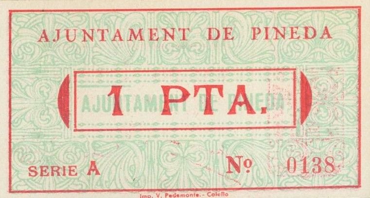 Реверс банкноты 1 Песета Пинеда (Испания) 1937 года
