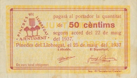 Аверс банкноты 50 centymów Pinedes del Llobregat (Hiszpania) 1937