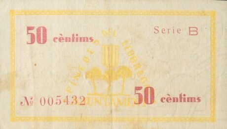 Реверс банкноты 50 centymów Pinedes del Llobregat (Hiszpania) 1937