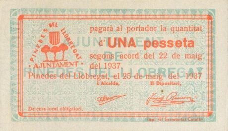 Аверс банкноты 1 peseta Pinedes del Llobregat (Hiszpania) 1937