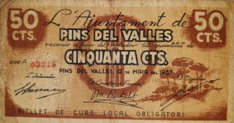 Аверс банкноты 50 сантимов «Пен-дель-Вальес» (Испания) 1937 года