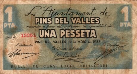 Аверс банкноты 1 песета Пинс дель Валлес (Испания) 1937 года