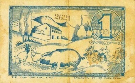 Реверс банкноты 1 песета Пратс де Льюсанес (Испания) 1937 года