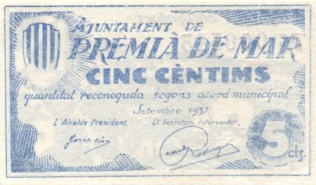 Аверс банкноты Nagroda marcowa 5 centymów (Hiszpania) 1937