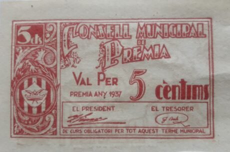 Аверс банкноты Nagroda 5 centymów (Hiszpania) 1937