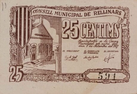 Аверс банкноты 25 centymów rellinare (Hiszpania) 1937