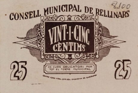 Реверс банкноты 25 centymów rellinare (Hiszpania) 1937