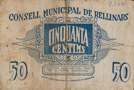 Реверс банкноты 50 сантимов реллинаров (Испания) 1937 года