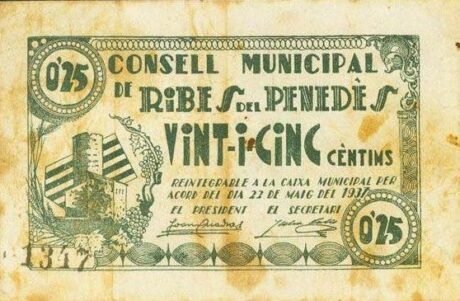 Аверс банкноты 25 centymów Ribes del Penedes (Hiszpania) 1937