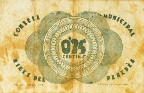 Реверс банкноты 25 centymów Ribes del Penedes (Hiszpania) 1937