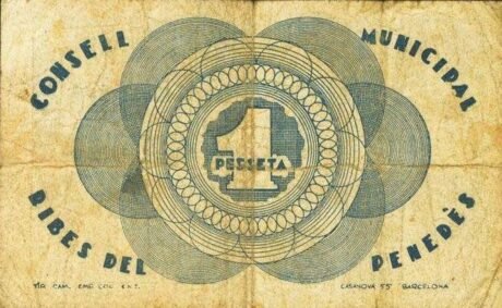 Реверс банкноты 1 peseta Ribes del Penedes (Hiszpania) 1937