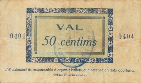 Реверс банкноты 50 сантимов Риельс дель Фай (Испания) 1937 года