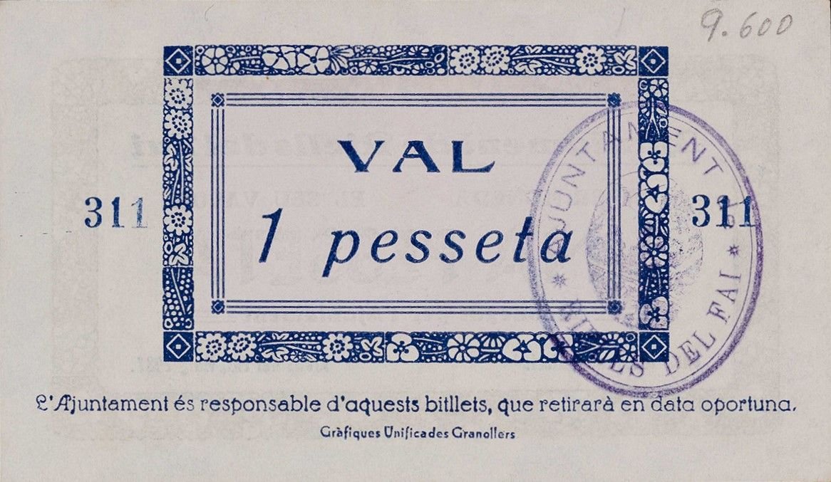 Реверс банкноты 1 песета Риельс дель Фай (Испания) 1937 года