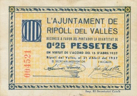 Аверс банкноты 0,25 песеты Риполь дель Валлес (Испания) 1937 года