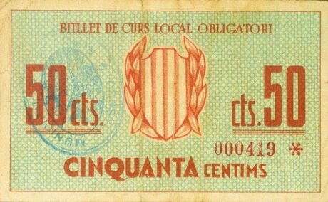 Реверс банкноты 50 centymów Ripolle (Hiszpania) 1937