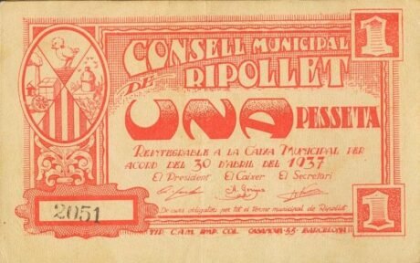 Аверс банкноты 1 peseta Ripollet (Hiszpania) 1937