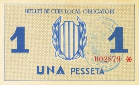 Реверс банкноты 1 peseta Ripollet (Hiszpania) 1937