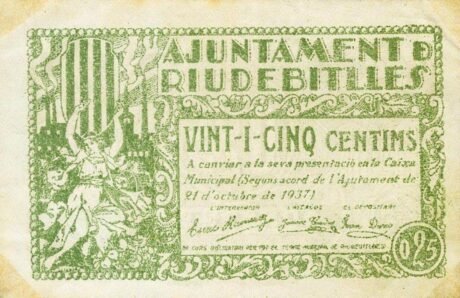 Аверс банкноты 25 сантимов Риудебитльес (Испания) 1937 года