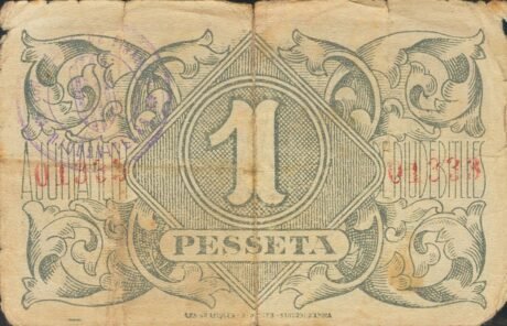 Реверс банкноты 1 песета Риудебитльес (Испания) 1937 года