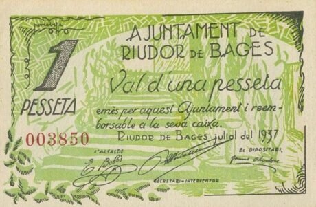 Аверс банкноты 1 peseta Riudor de Bages (Hiszpania) 1937