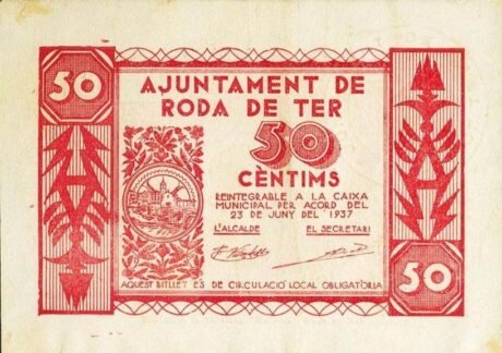 Аверс банкноты 50 centymów Roda de Ter (Hiszpania) 1937