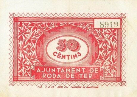 Реверс банкноты 50 centymów Roda de Ter (Hiszpania) 1937