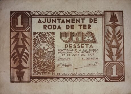 Аверс банкноты 1 peseta Roda de Ter (Hiszpania) 1937