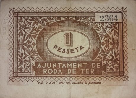 Реверс банкноты 1 peseta Roda de Ter (Hiszpania) 1937