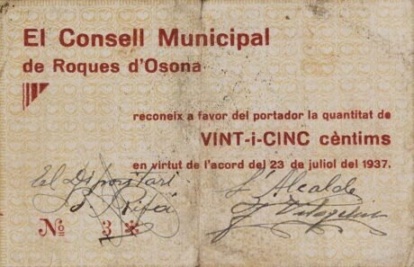 Аверс банкноты 25 centymów Roques d'Osona (Hiszpania) 1937