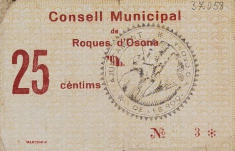 Реверс банкноты 25 centymów Roques d'Osona (Hiszpania) 1937