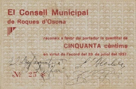 Аверс банкноты 50 centymów Roques d'Osona (Hiszpania) 1937