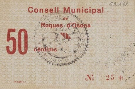 Реверс банкноты 50 centymów Roques d'Osona (Hiszpania) 1937