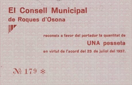 Аверс банкноты 1 peseta Roques d'Osona (Hiszpania) 1937