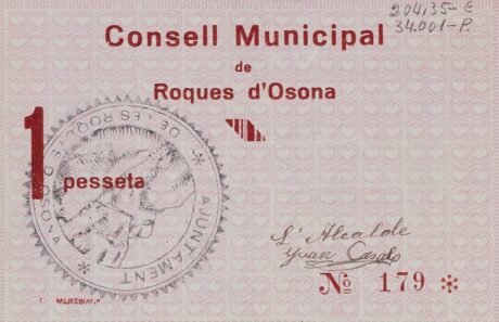 Реверс банкноты 1 peseta Roques d'Osona (Hiszpania) 1937