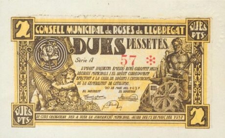 Аверс банкноты 2 песеты Роз де Льобрегат (Испания) 1937 года