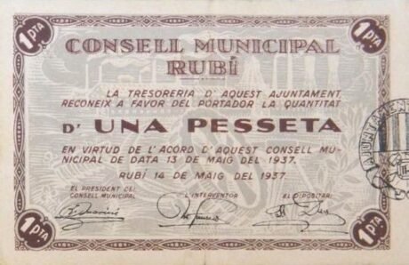 Аверс банкноты 1 peseta Ruby (Hiszpania) 1937