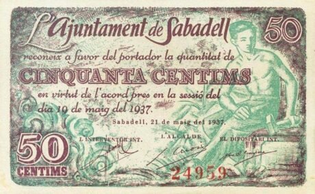 Awers banknotu 50 centymów Sabadell (Hiszpania) 1937