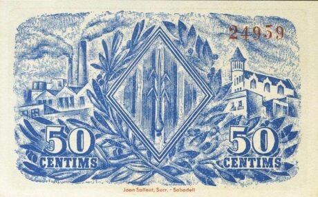 Rewers banknotu 50 centymów Sabadell (Hiszpania) 1937