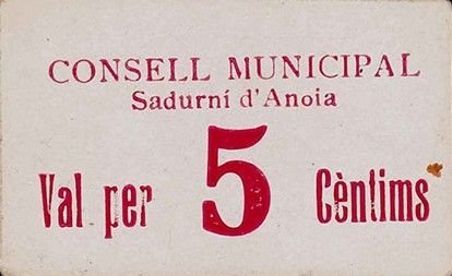 Аверс банкноты 5 сантимов Садурни д'Анойя (Испания)