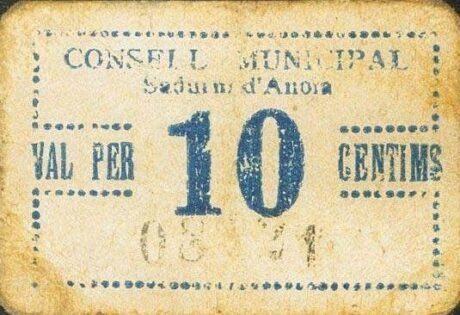 Аверс банкноты 10 centymów Sadurni d'Anoia (Hiszpania)