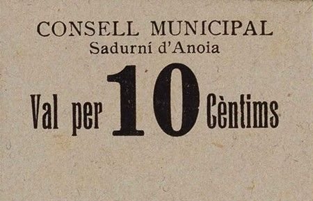 Аверс банкноты 10 centymów Sadurni d'Anoia (Hiszpania)