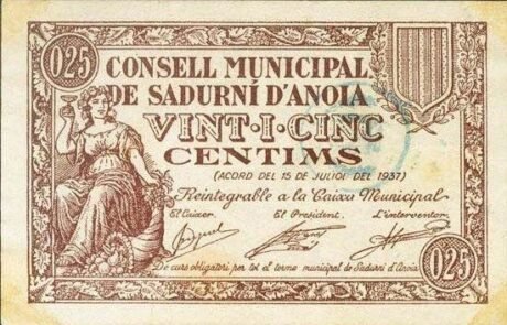 Аверс банкноты 25 centymów Sadurni d'Anoia (Hiszpania) 1937