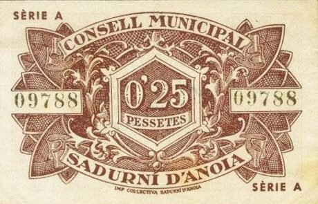 Реверс банкноты 25 centymów Sadurni d'Anoia (Hiszpania) 1937