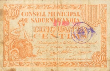 Аверс банкноты 50 сантимов Садурни д'Анойя (Испания) 1937 года