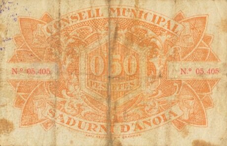 Реверс банкноты 50 сантимов Садурни д'Анойя (Испания) 1937 года